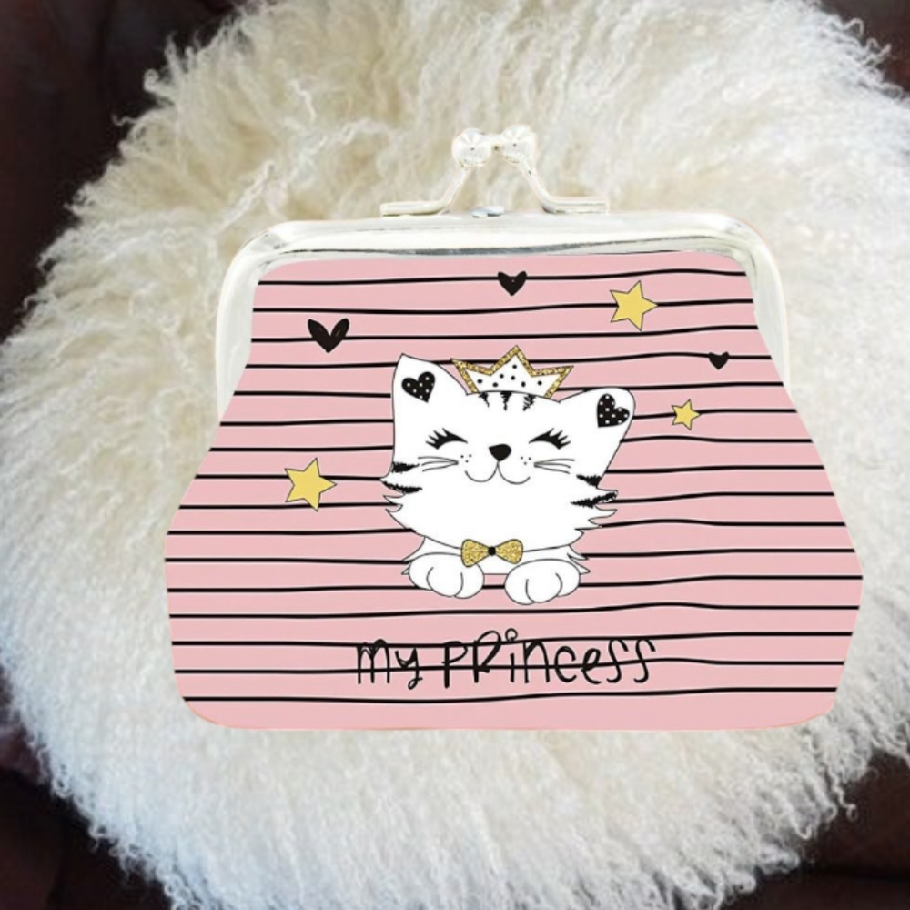 Pink Striped Coin Pouch with Cute Cartoon Cat Design